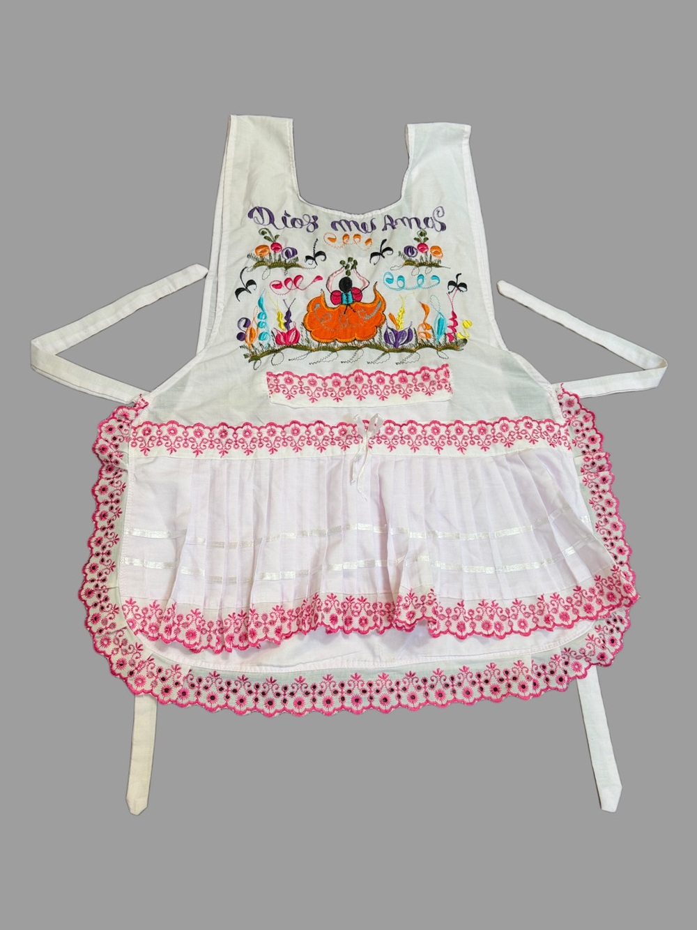 Handmade Embroidered White Cotton Apron with Pink Trim